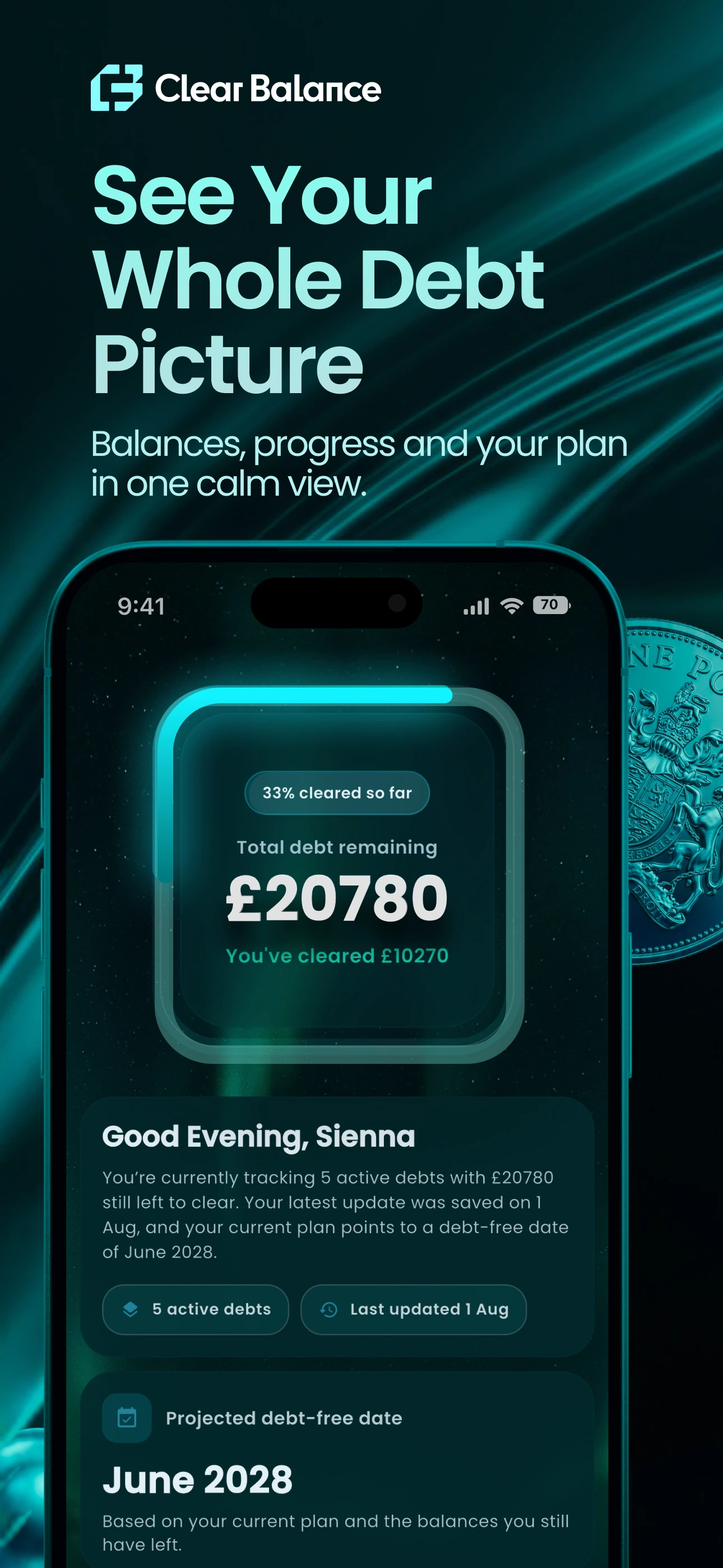 Clear Balance dashboard showing balances, progress and payoff planning
