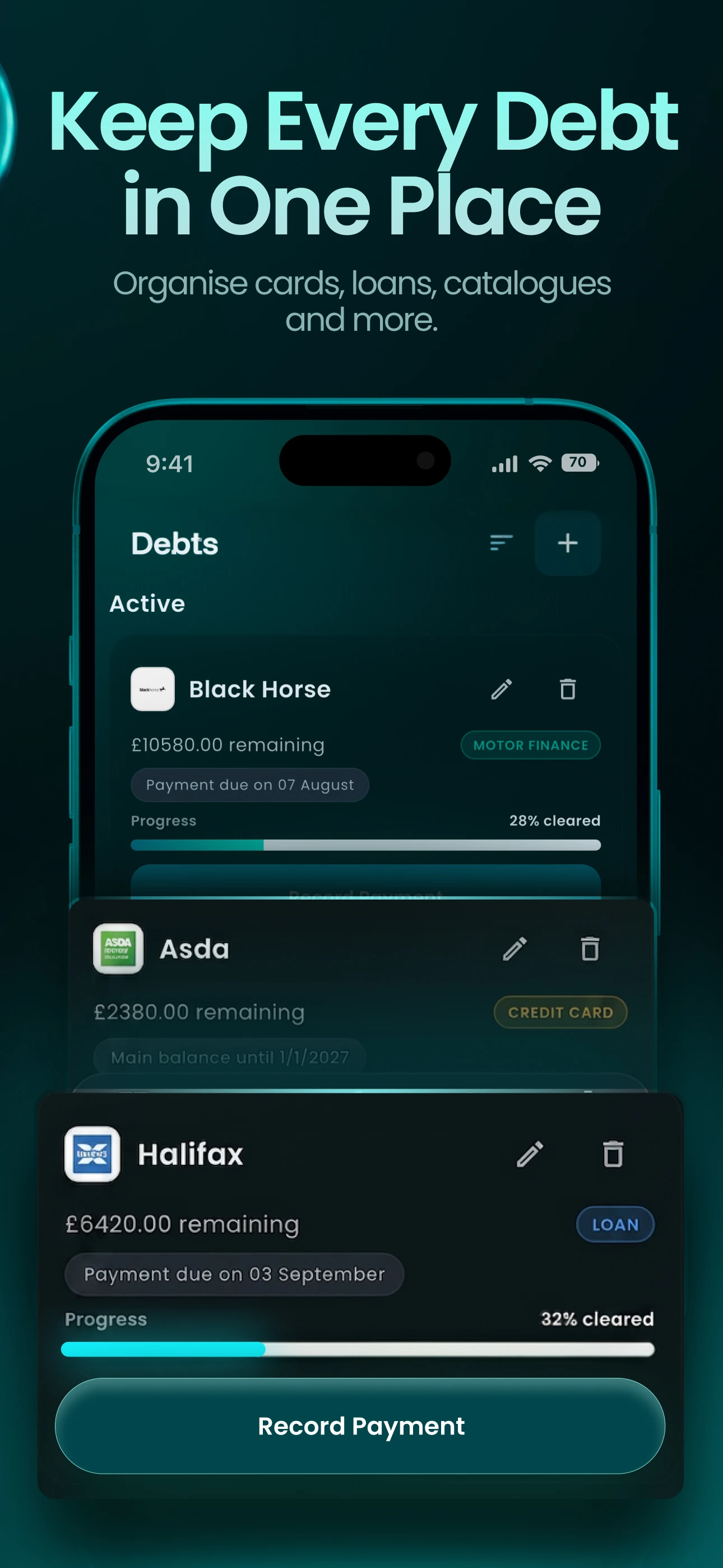 Clear Balance debts screen showing multiple debts in one place