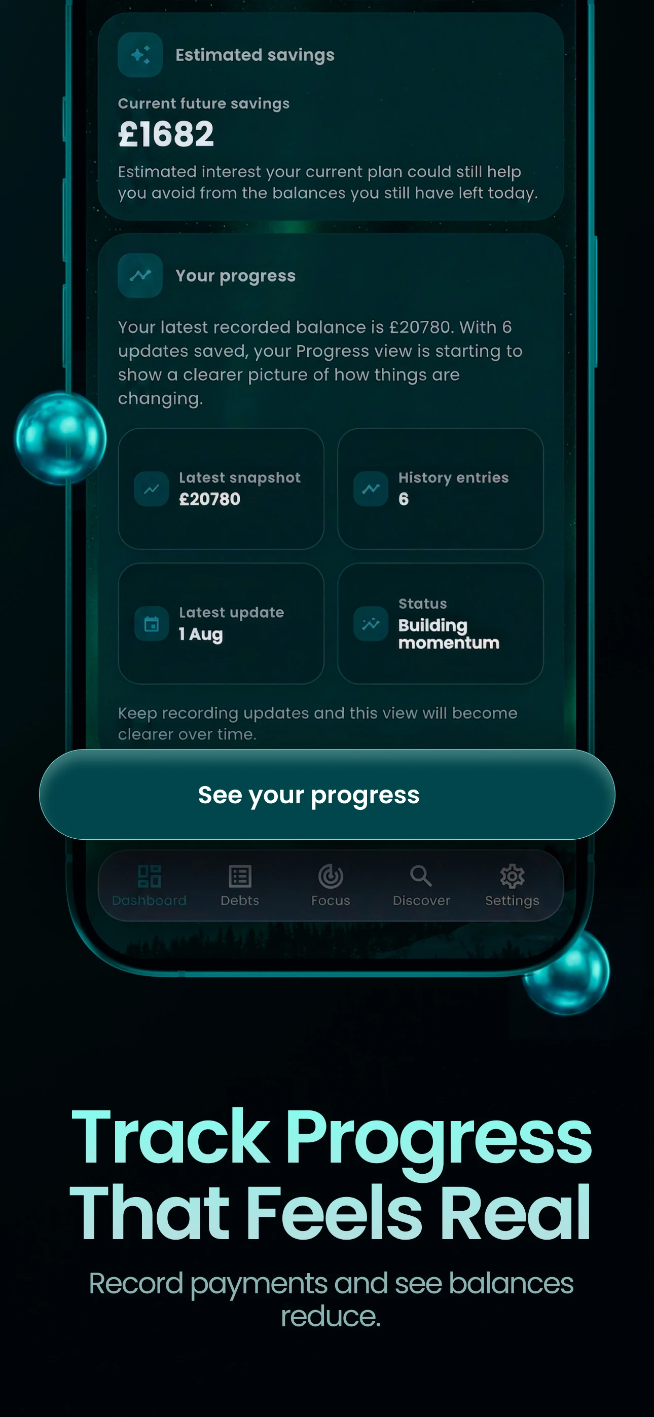 Clear Balance progress screen showing recorded debt progress