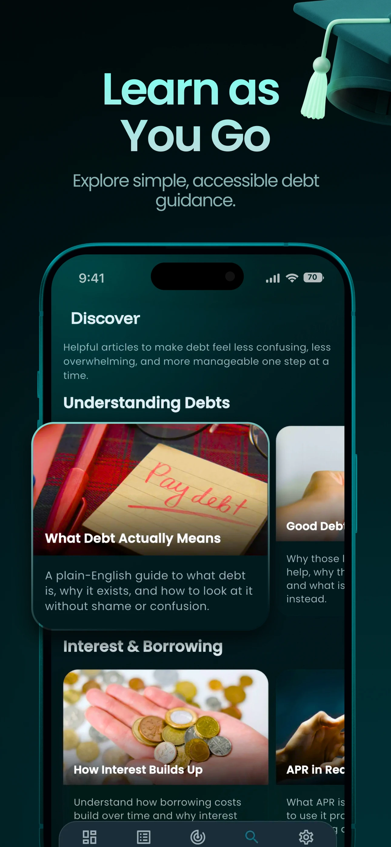 Clear Balance Discover screen with debt guidance and articles